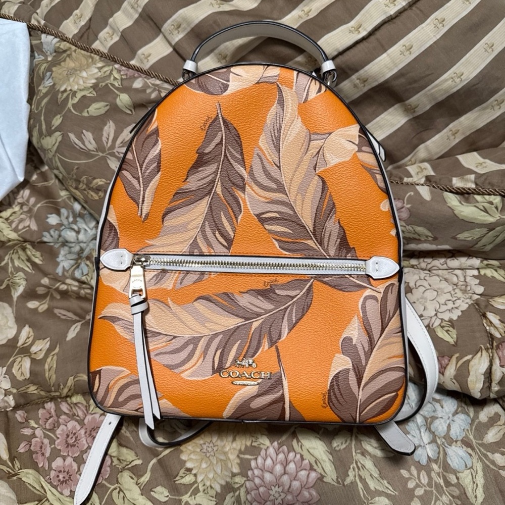 Coach Orange Feather-Print Mini Backpack with White Trim